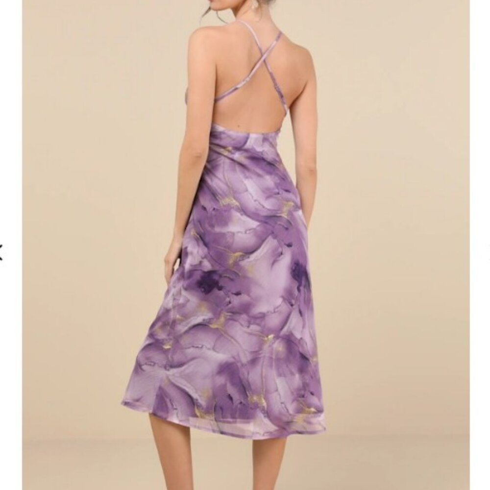 Lulus Bright Charm Purple Abstract Print Chiffon Slip Midi Dress - Size M - Picture 4 of 5
